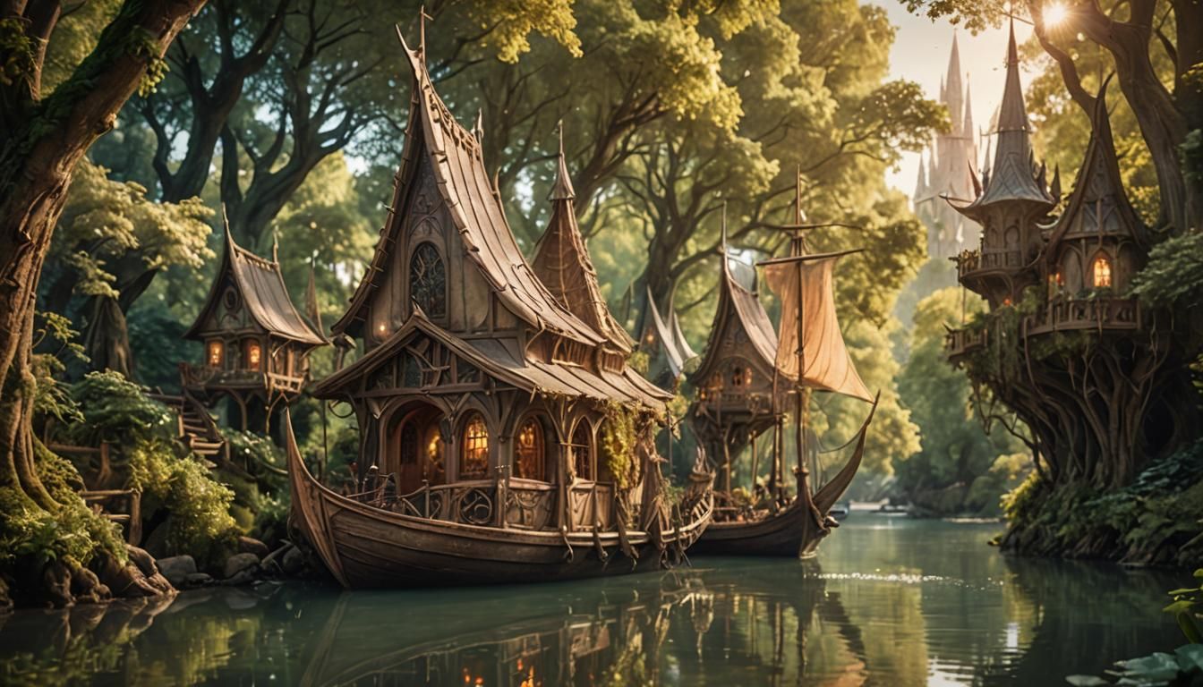 Elven Boat on Serene River in High-Fantasy Landscape