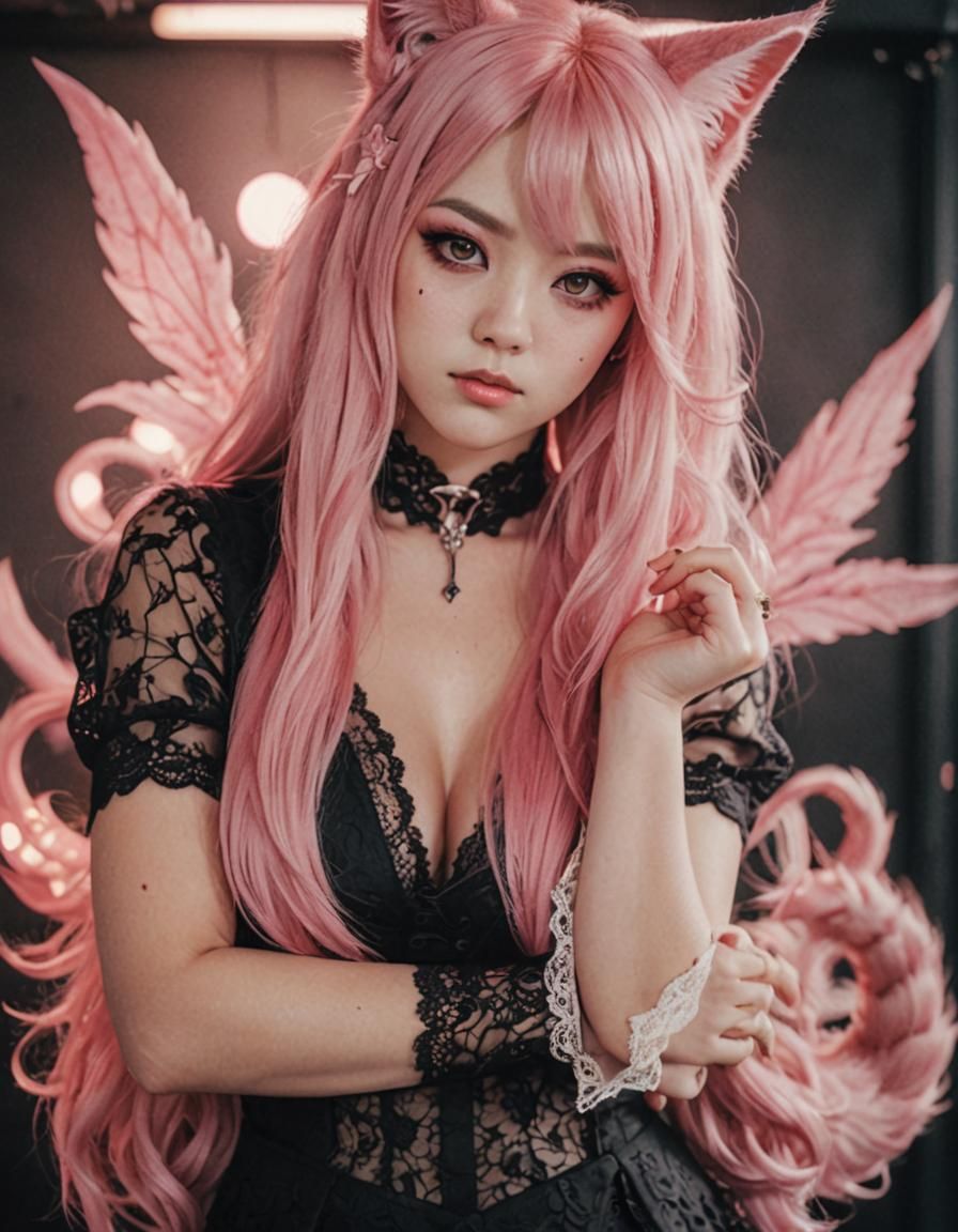 Nine-Tailed Cat Girl in Lace Outfit