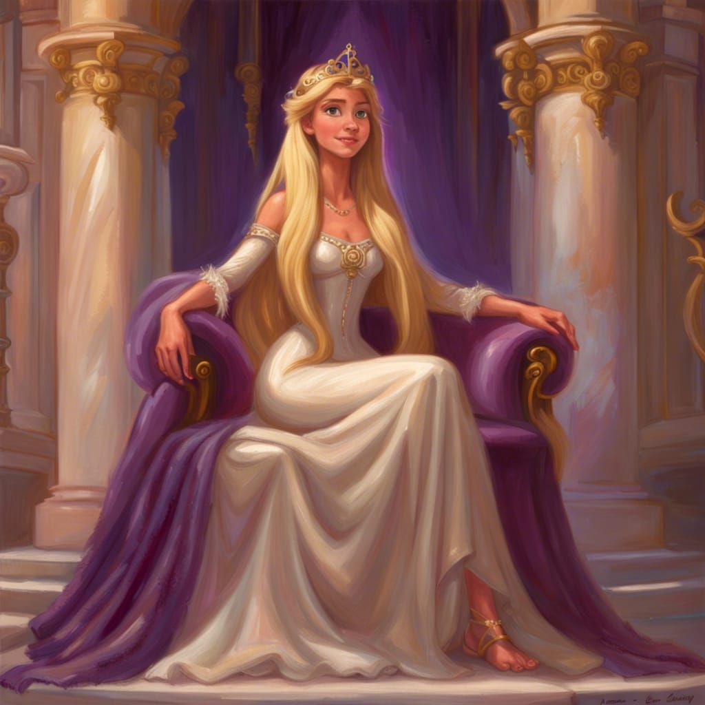 Goddess Rapunzel on Marble Throne as Oil Painting