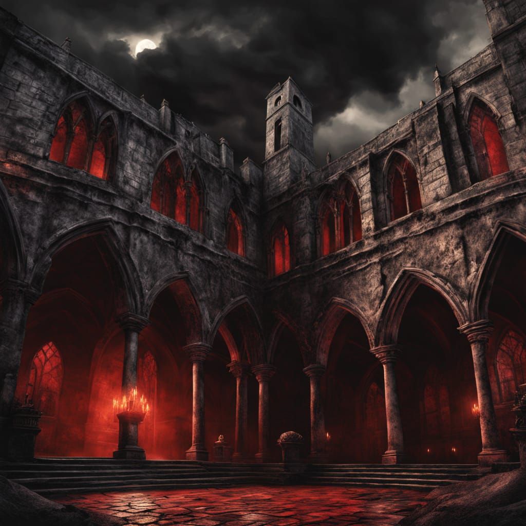 Dark Gothic Courtyard with Bloodmoon in Oil Painting Style