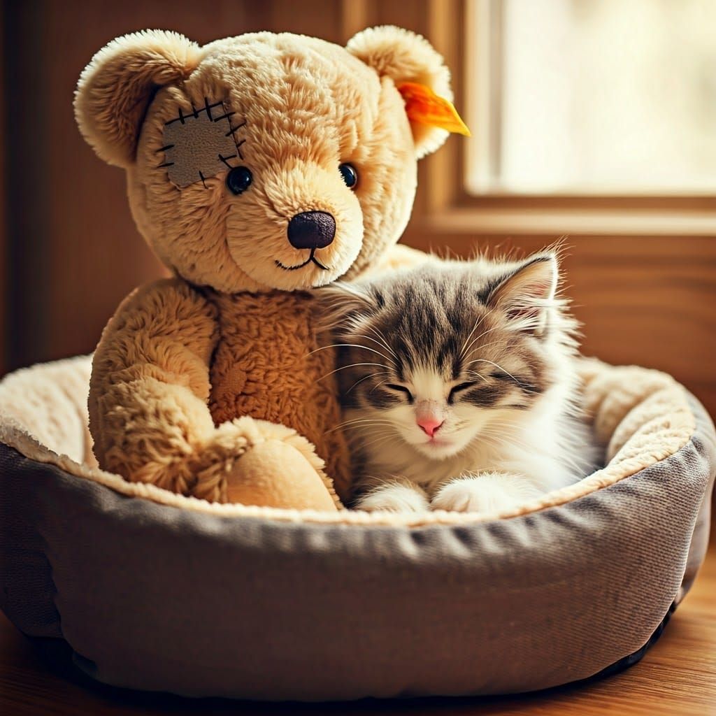Vintage Teddy Bear Hugged by Fluffy Kitten
