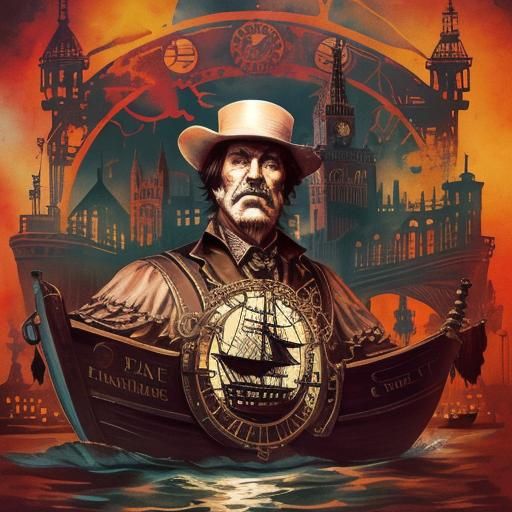 Steampunk Boat on Thames: Ink Painting