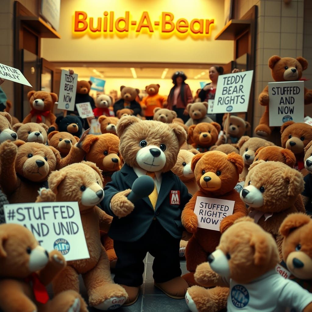Teddy Bear News Anchor at Protest Scene