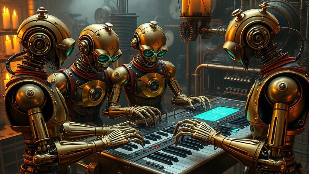 Steampunk Robot Musicians Perform on Vintage Synthesizer Con...