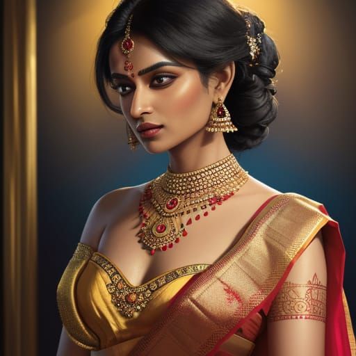 Elegant Indian Woman in Sari, Oil Painting Style