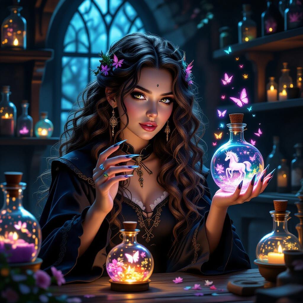 Young Witch with Glowing Potions in Magical Ambience