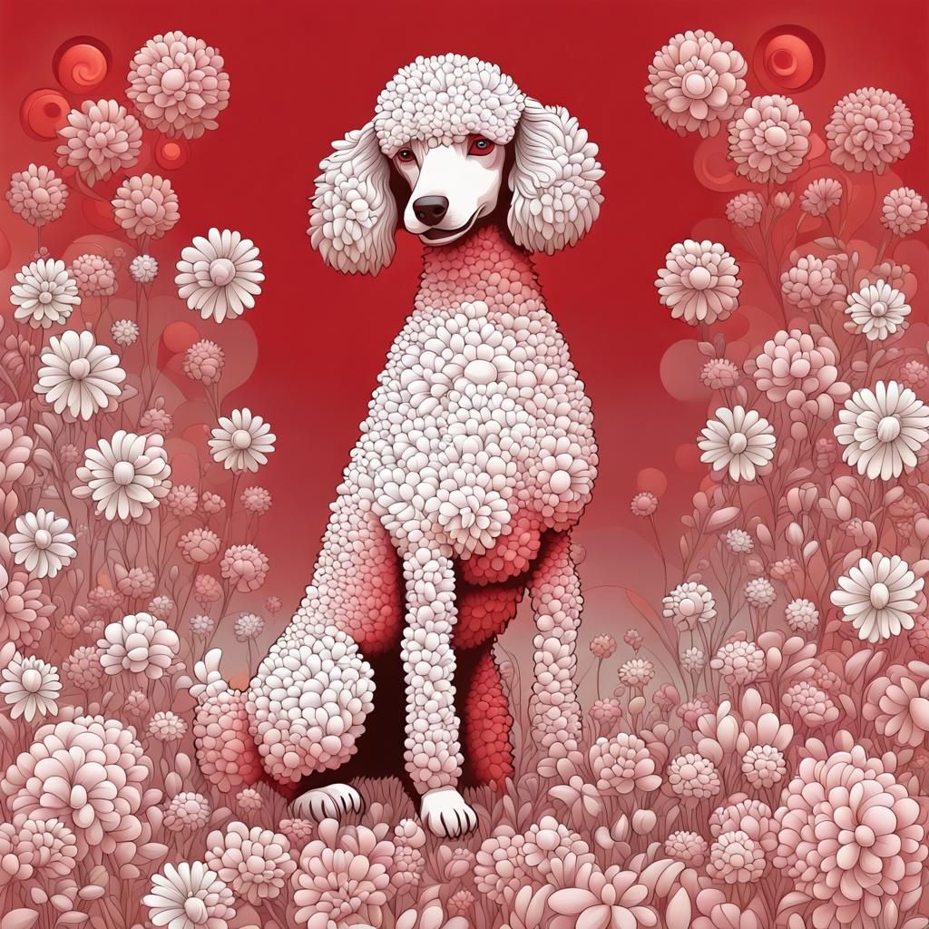Red Poodle in Flower Field with 3D Shading