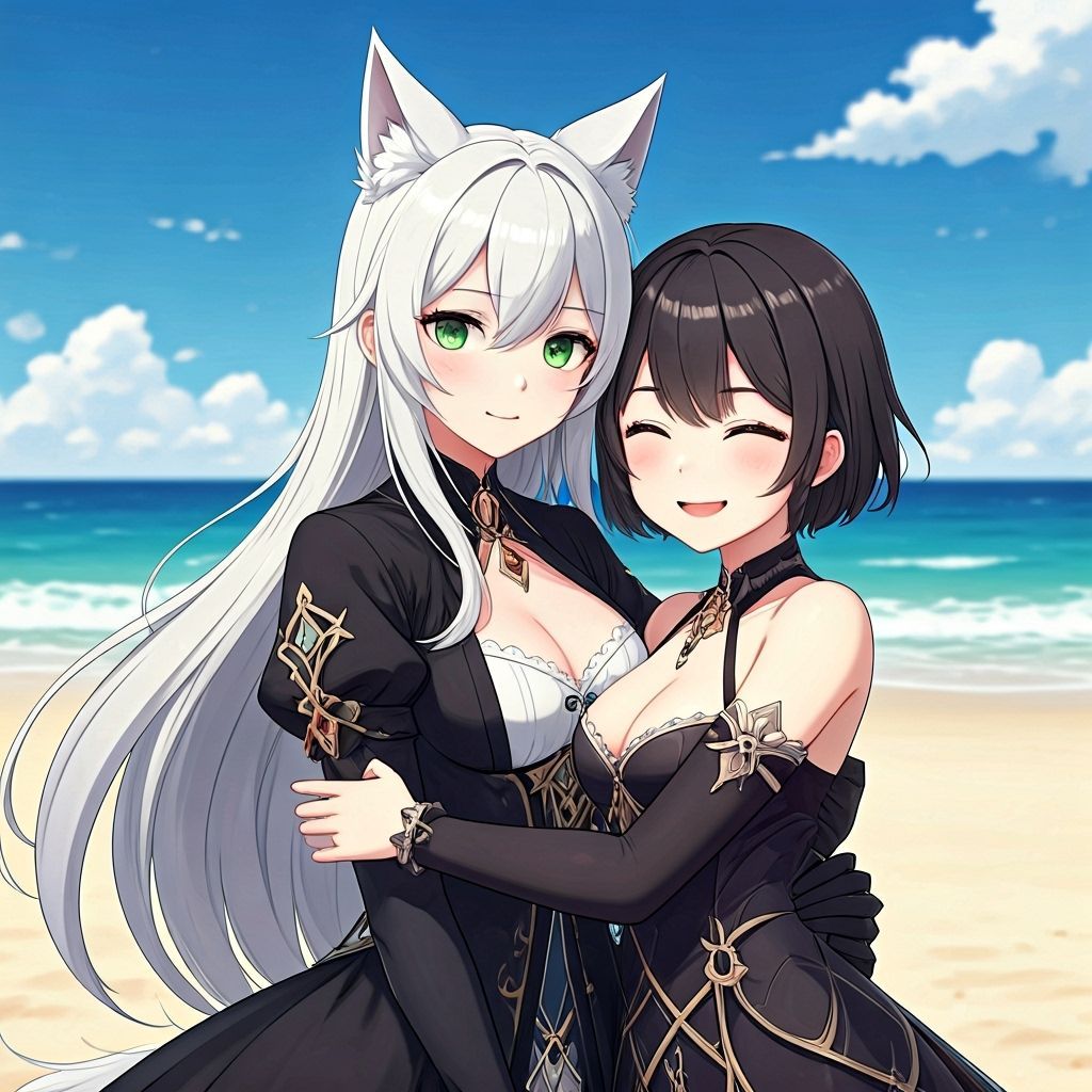 Anime Style: Two Women Embrace on Beach