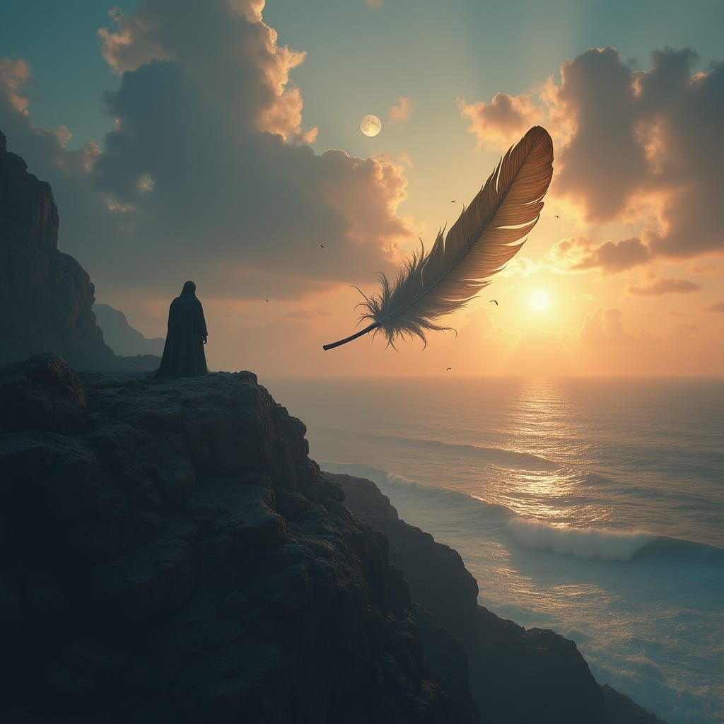 Epic Sunset with Feathers and Celestial Bodies in a Digital ...