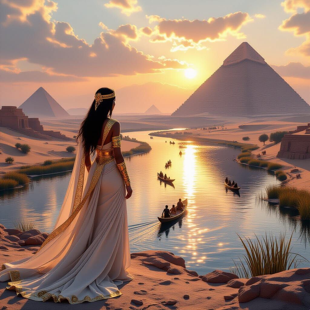 Egyptian Sunset: Regal Woman Gazing Over Nile