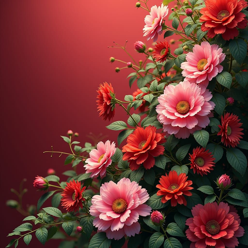Fantasy Flowers Bloom in Vibrant Red Landscape