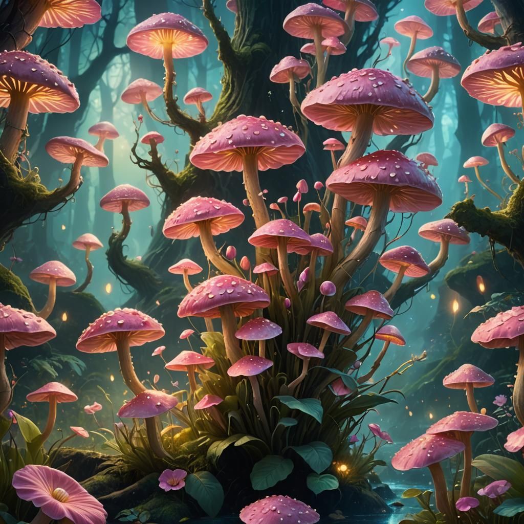 Pink Flowers Bloom in Mystical Forest: Fantasy Art