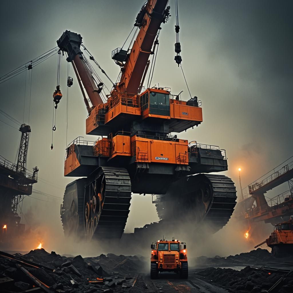 Giant Awakens Driving Armored Crane in Dark Fantasy