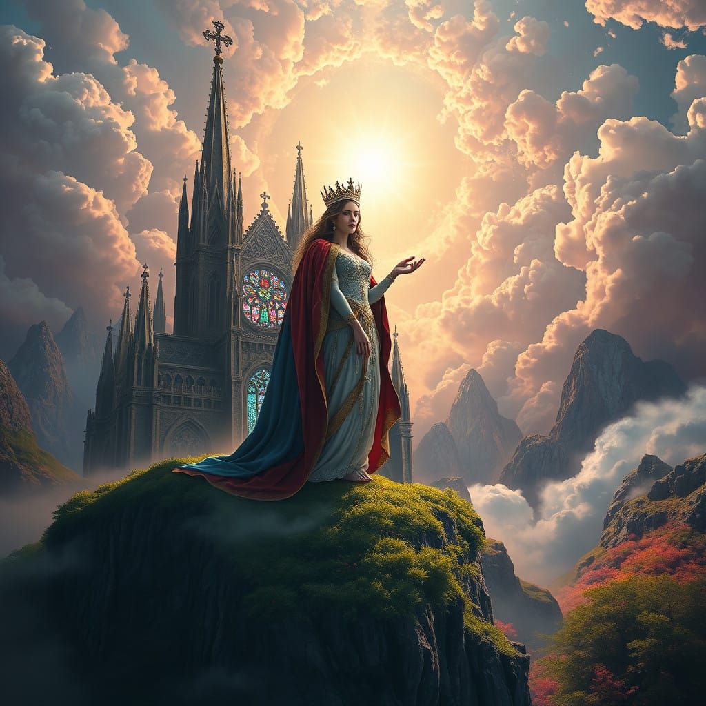 Serene Queen of Heaven in Majestic Mountainous Landscape