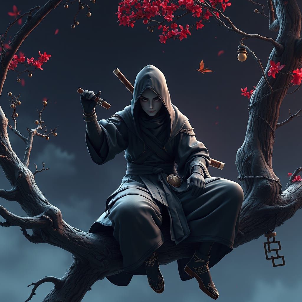 Ninja Perched in Stealthy Pose