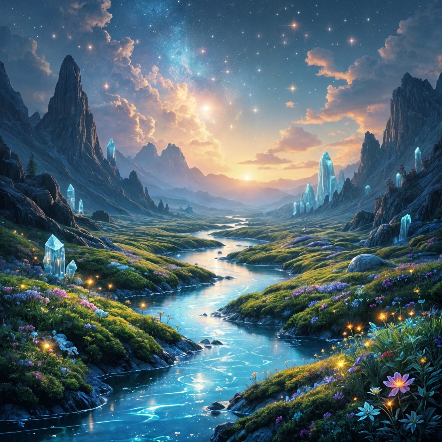 Ethereal Starlight Rivers in Bioluminescent Valleys