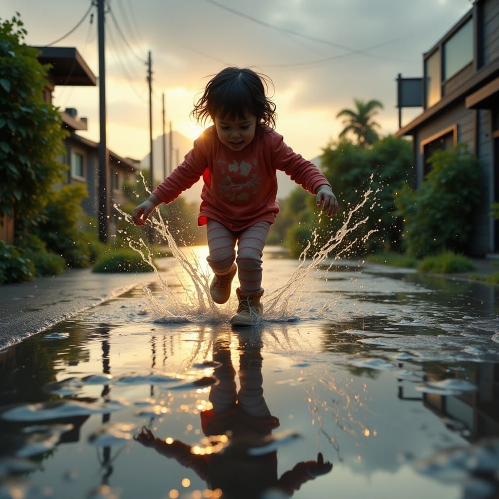 Child Joyfully Splashing in Rain Puddles