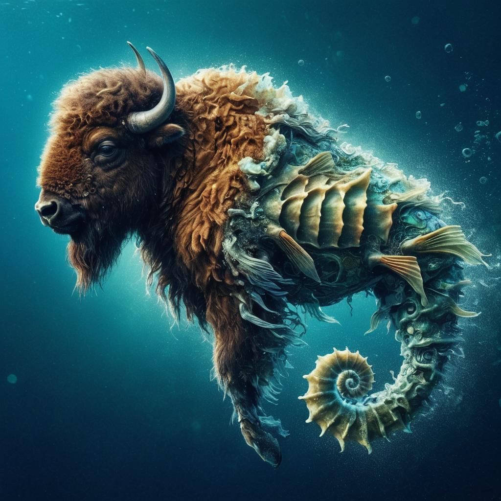 An animal hybrid that combines the furry head of a bison wit...