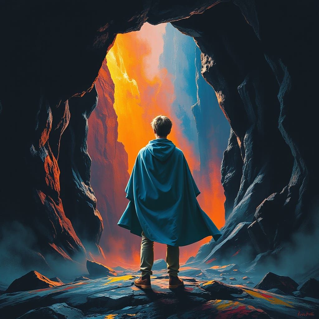 Figure at Cave Entrance in Bold Expressionist Style