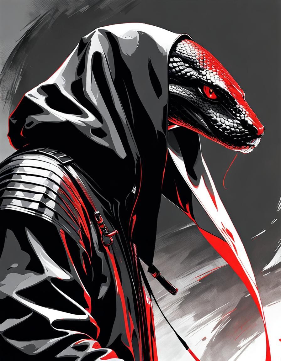 Hooded Cobra Ready to Strike, Sumi-e Style