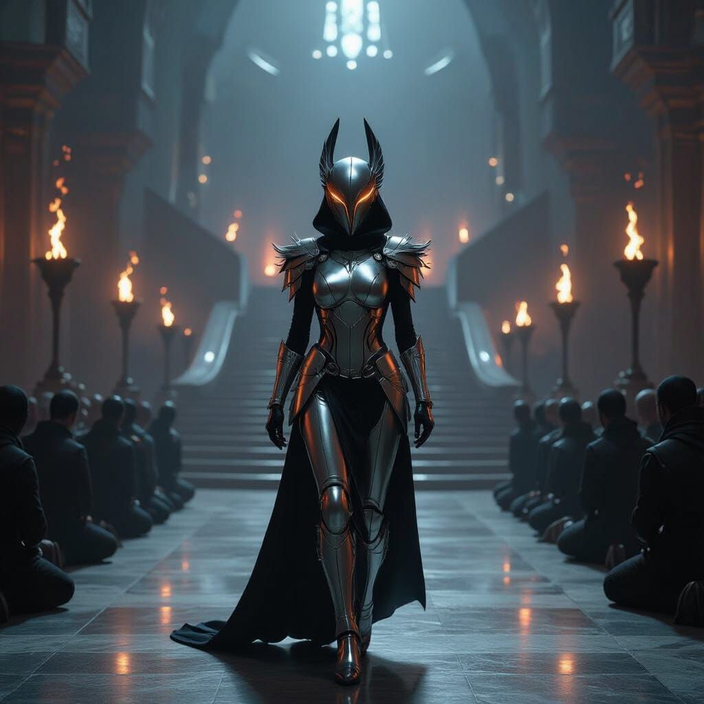 Futuristic Warrior in Bird-Like Helmet Descends Grand Stairc...