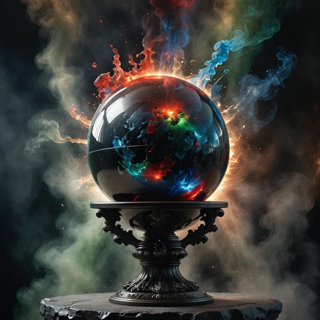 Black Crystal Globe with Swirling Smoke, Dramatic Lighting