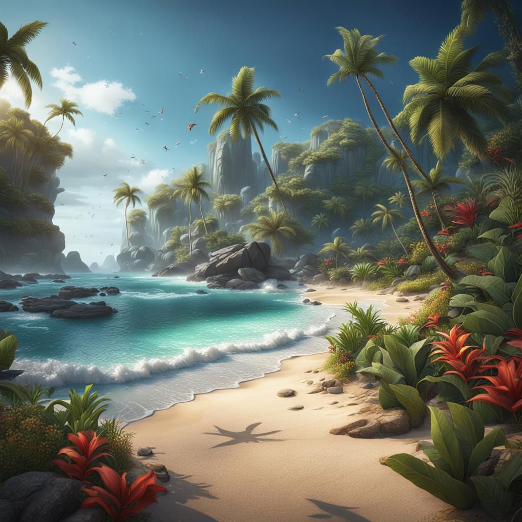 Lush Tropical Beach in Detailed Matte Painting Style