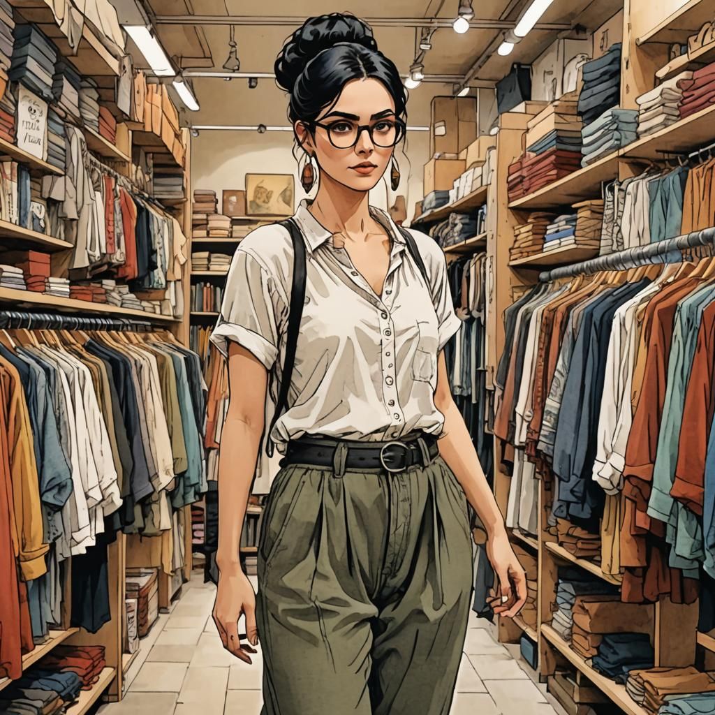 Woman Gazing at Colorful Skirts, Bande Dessinées Style