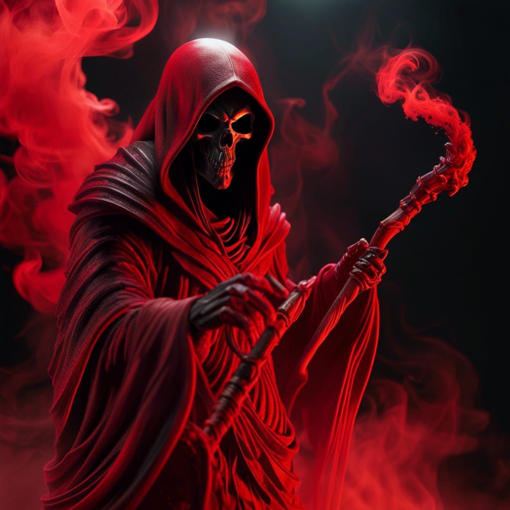 Grim Reaper in Red Smoke, Ink Art Style