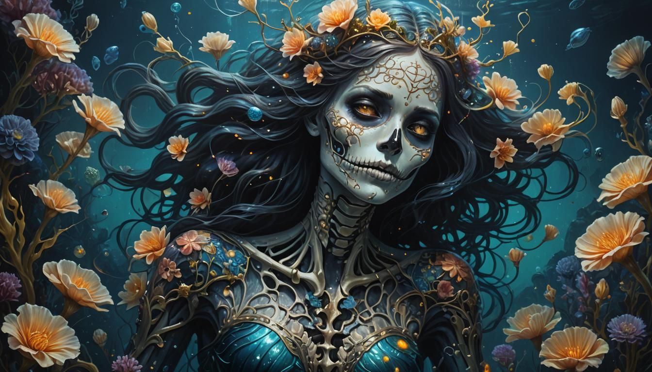 Bioluminescent Skeleton Mermaid in Deep Sea Oil Painting