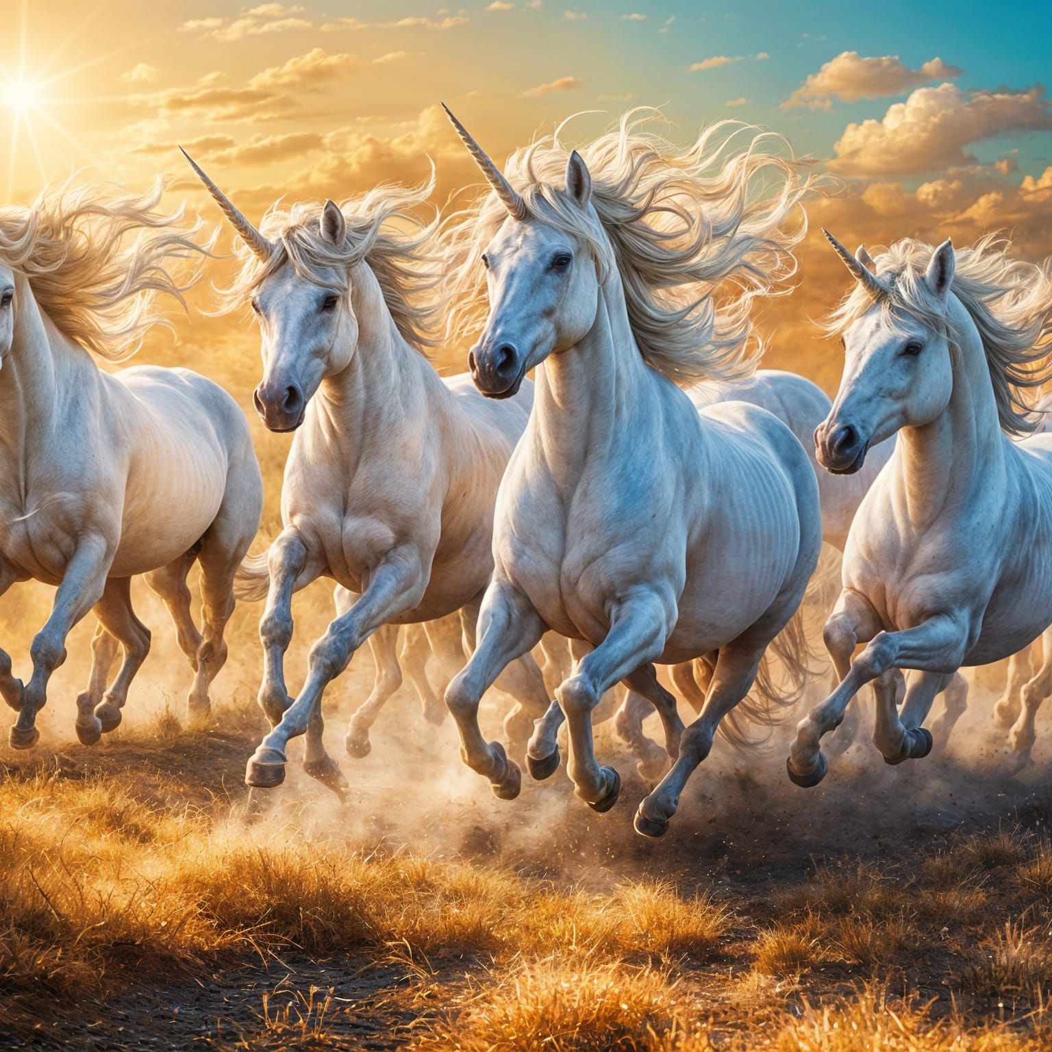 Majestic Unicorns Galloping Across Golden Plains in a Vibran...