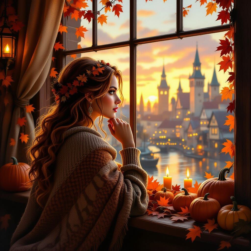 Elf Woman Gazes from Candlelit Tavern at Autumn City