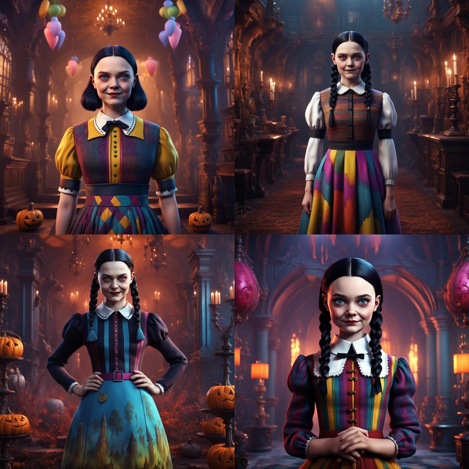 Wednesday Addams in Colorful Dress: Detailed Matte Painting