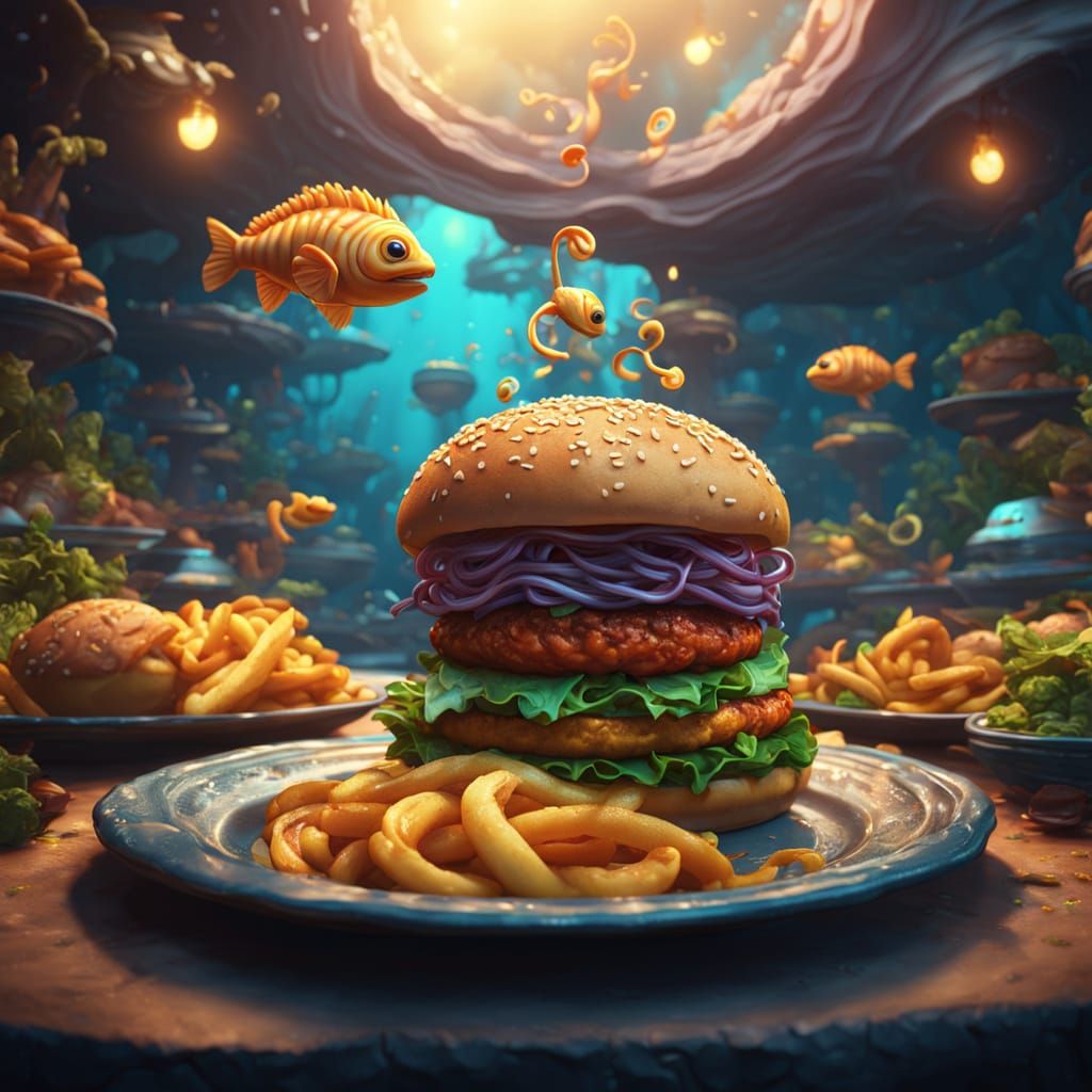 Detailed Cartoon Fish Burger on Plate, Fantasy Art
