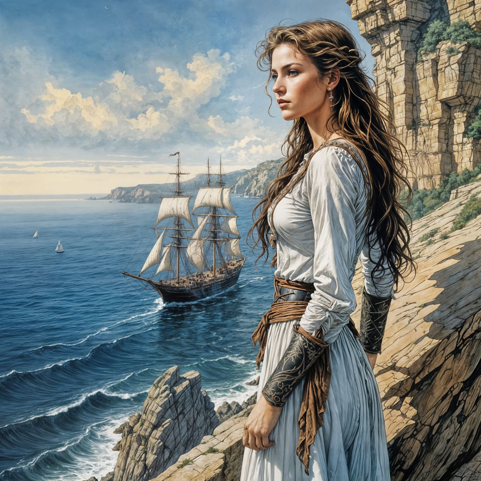 Female Adventurer Overlooking Peaceful Sea in Detailed Illus...