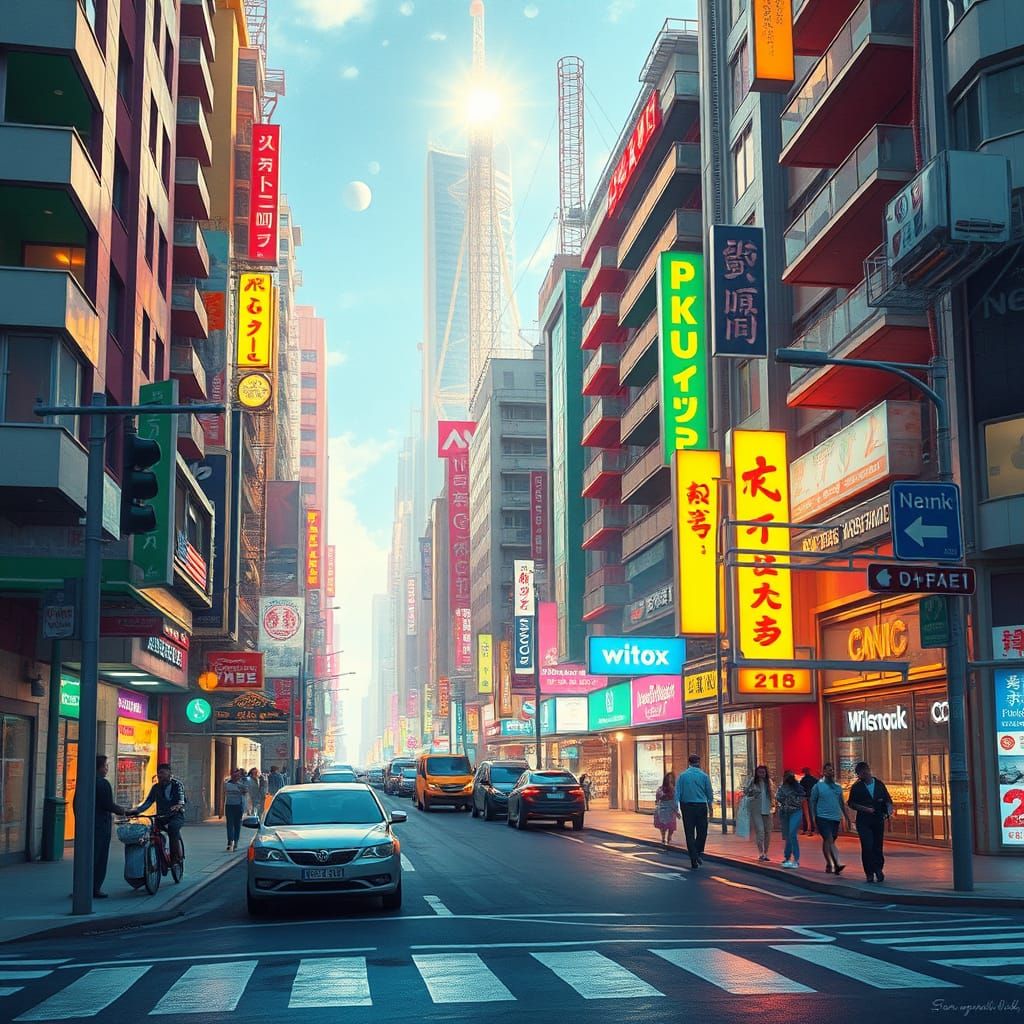 Vibrant Futuristic Cityscape in Cyberpunk Style