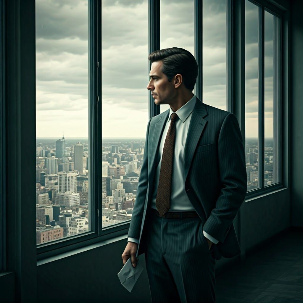 Melancholy Man at Office Window in Realist Style