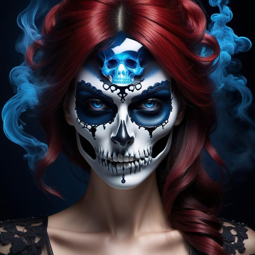 Red-Haired Girl with Skeleton Face, Hyperrealistic Matte Pai...