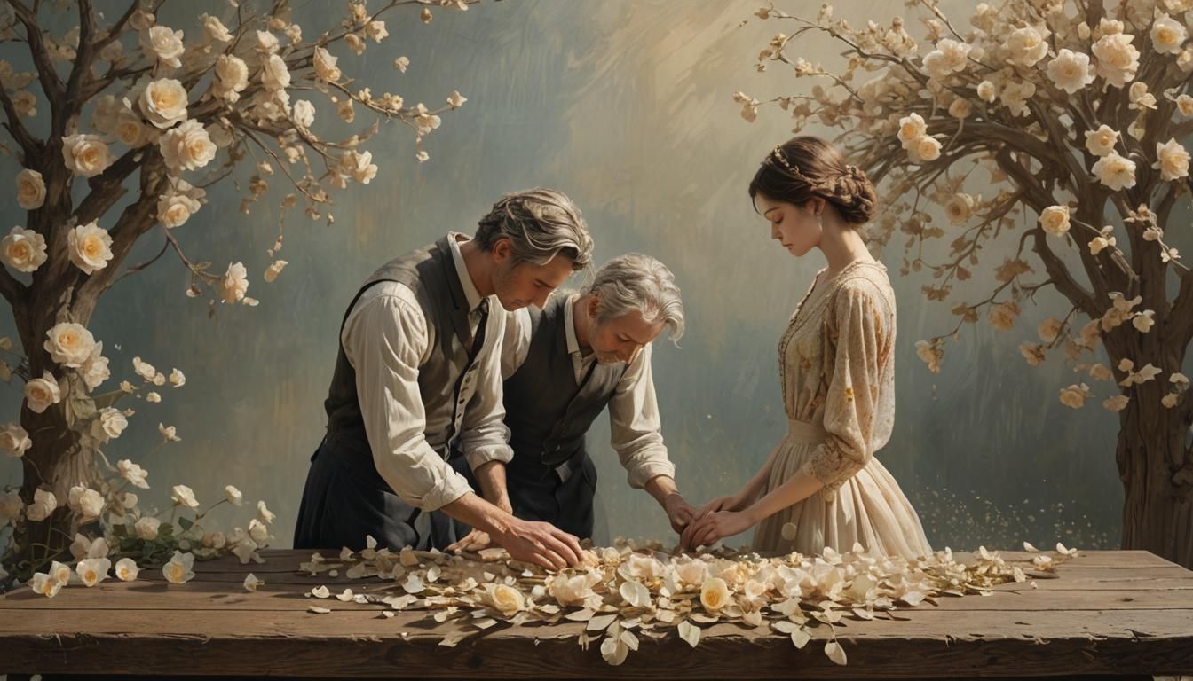 Magical Realism Couple on Table with Petals