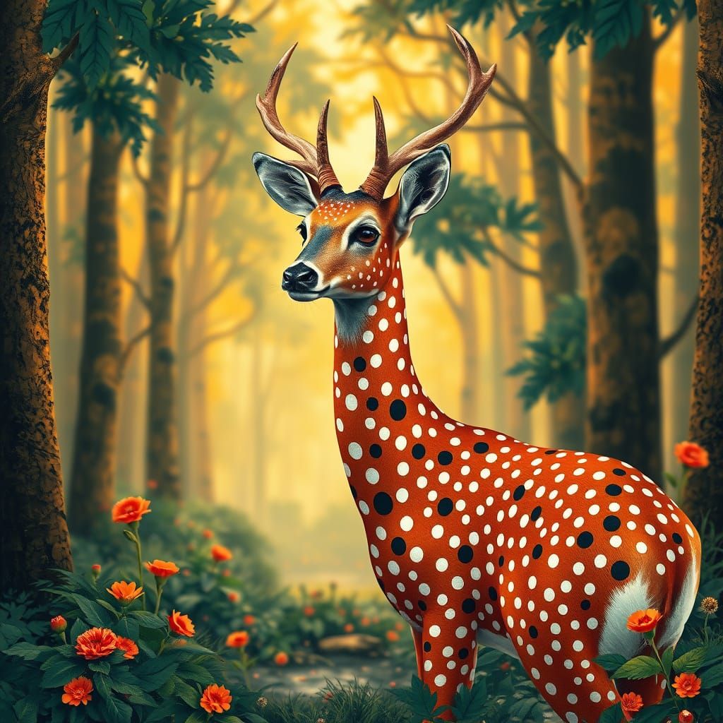 Psychedelic Roebuck in a Surreal Forest Landscape