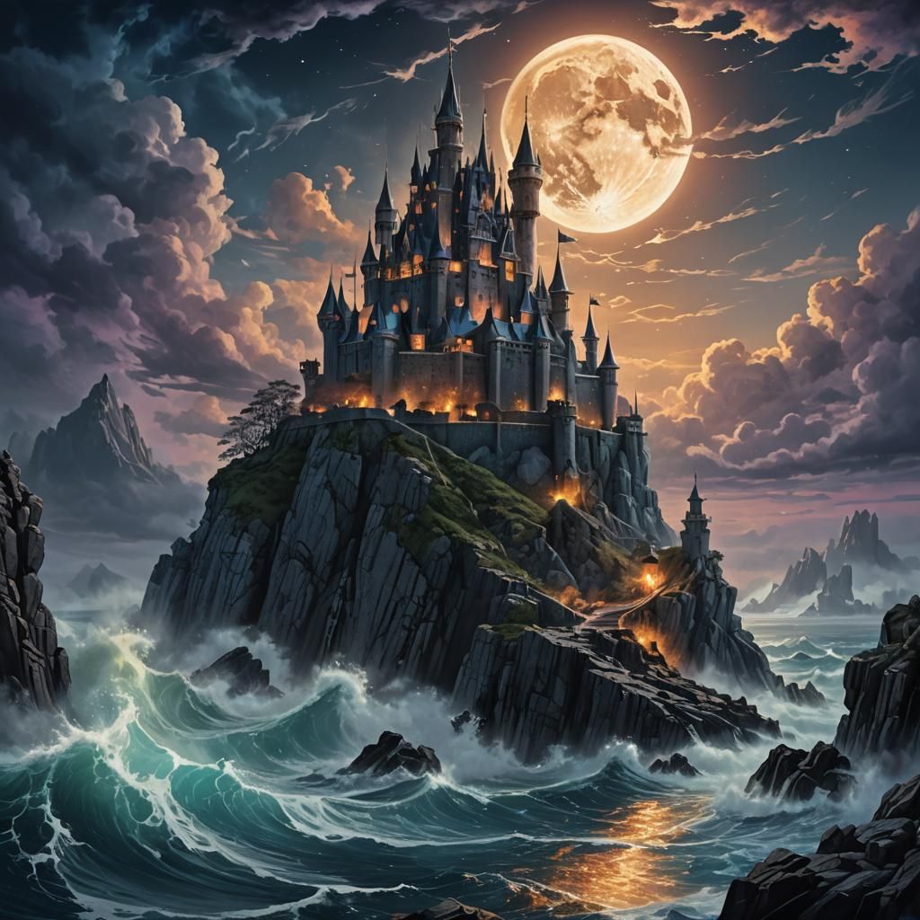 Midnight Castle Seascape in Vibrant Matte Painting Style