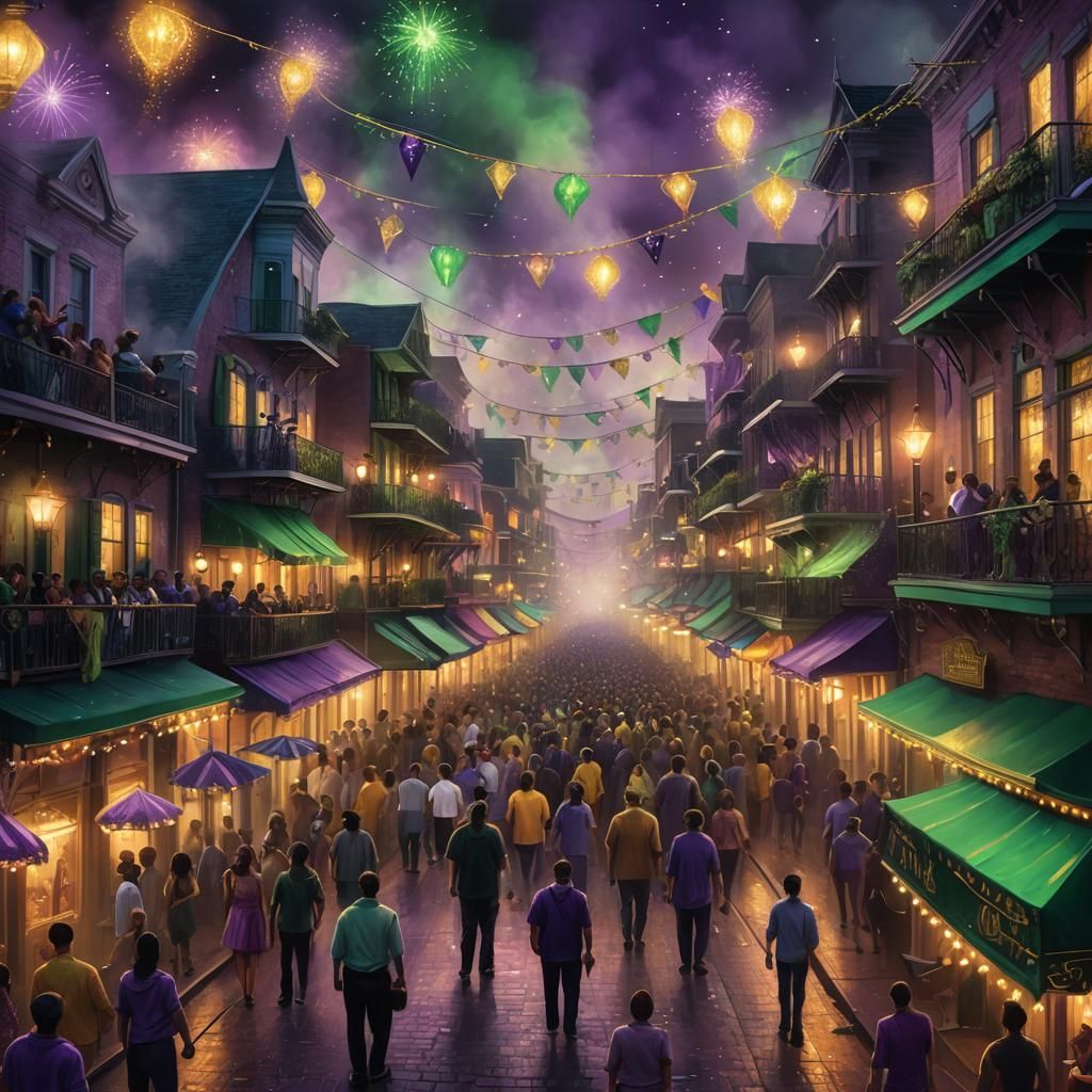 Mystical Mardi Gras Celebration in Dreamlike Cityscape