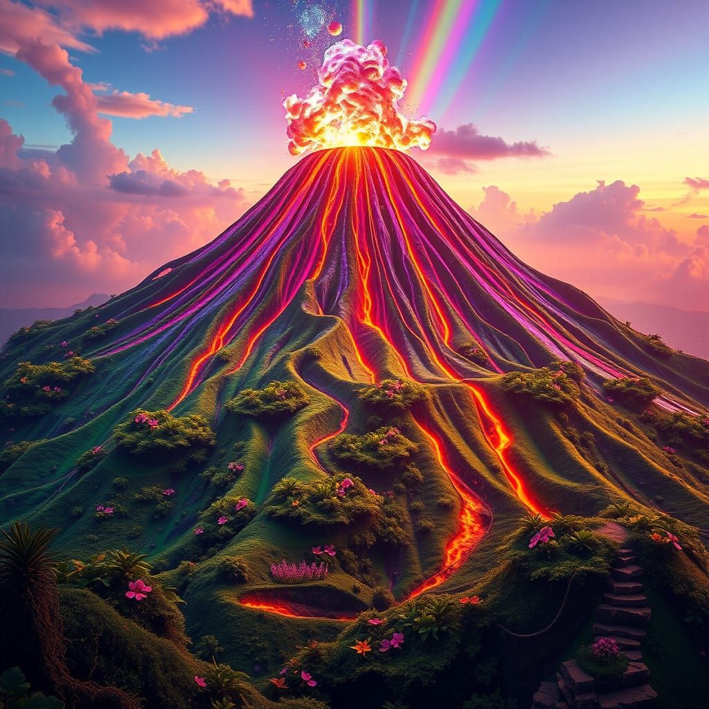 Surreal Volcano in Iridescent Colors with Exotic Flowers and...