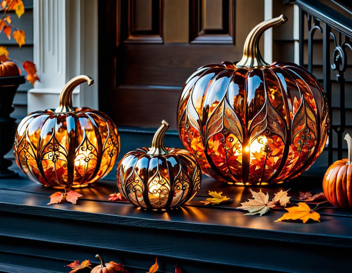 Ornate Glass Pumpkins on Autumn Porch