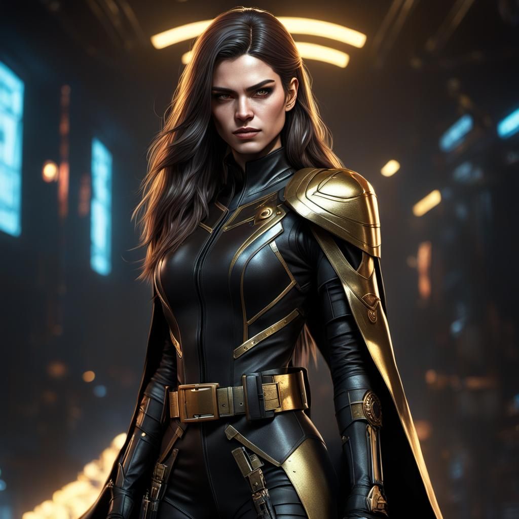 Cyberpunk Girl in Catsuit with Swords and Cape