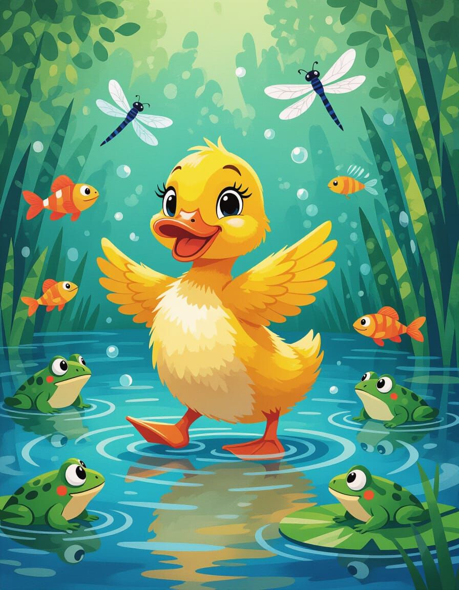 Duckling's Dance Party in Whimsical Cartoon Style