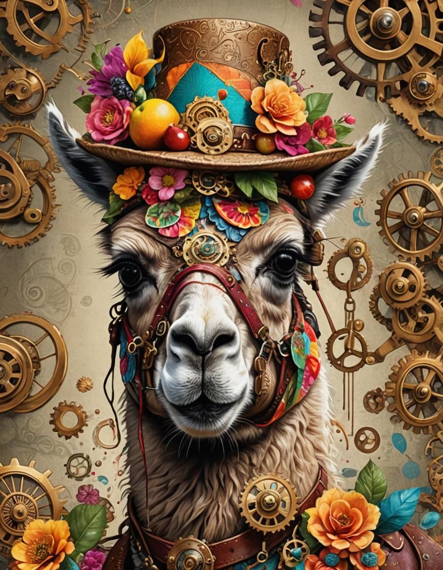 Llama in Panama Hat: Whimsical Steampunk Portrait