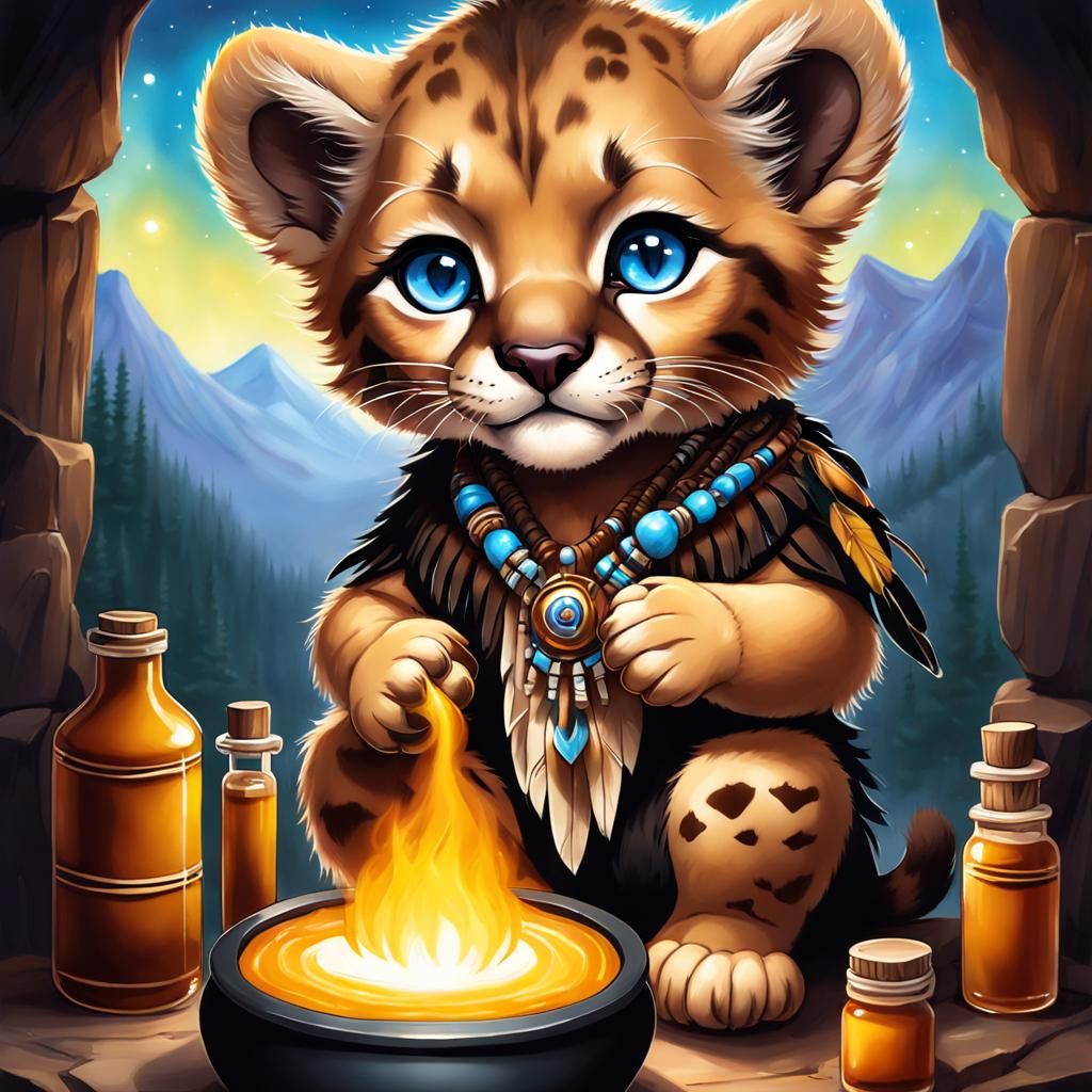 Chibi Cougar Cub Making Potions