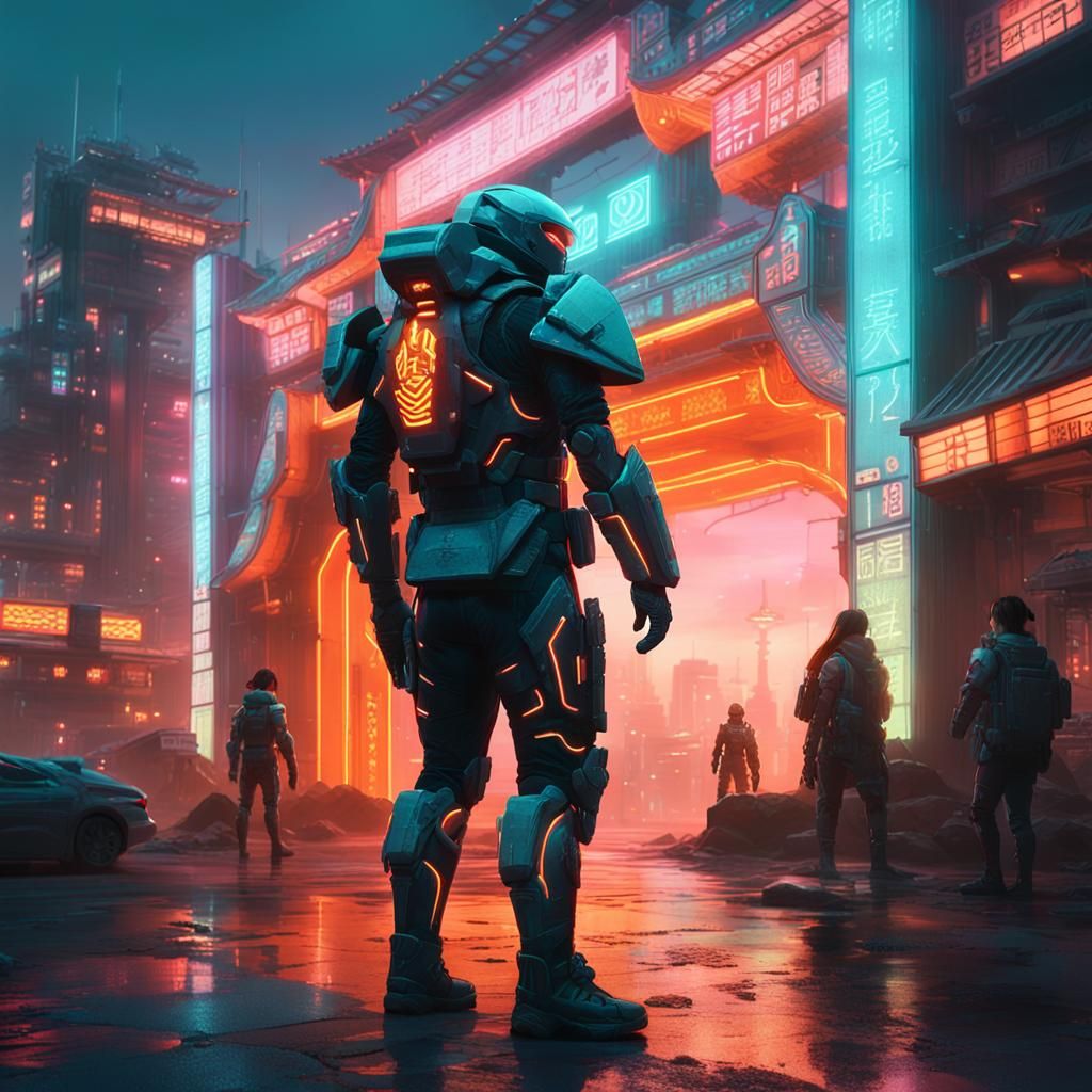Panda Warrior in Dystopian City: Greg Rutkowski Style