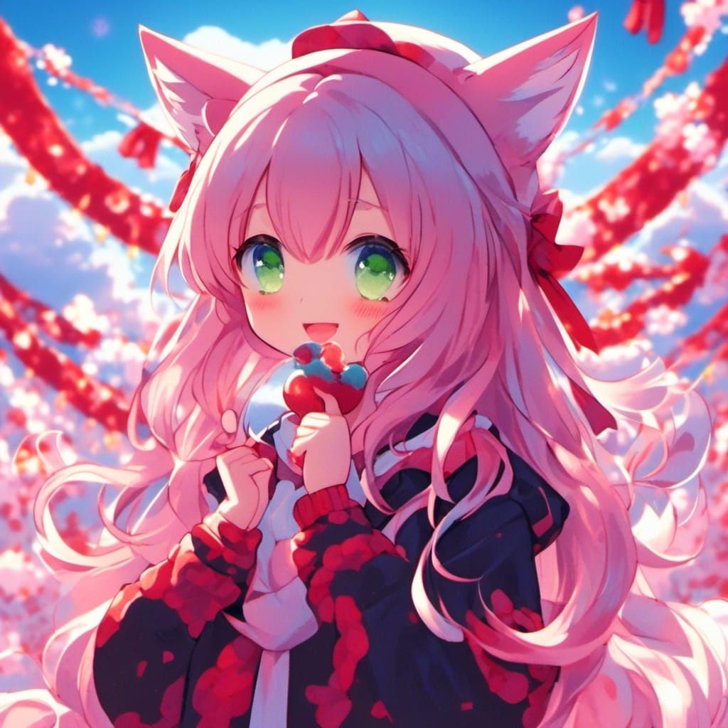 Anime Woman in Cat Hoodie at Shinto Temple